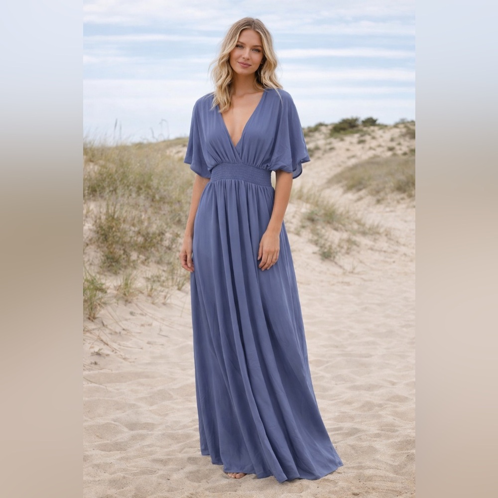 Women's Maxi V-Neck Flowing Dress in Dusty Blue